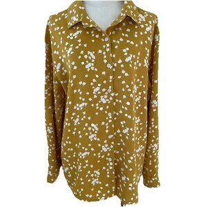 Dokotoo Button Up Blouse Women’s L Mustard Ditsy Print Relaxed Flowy Career
